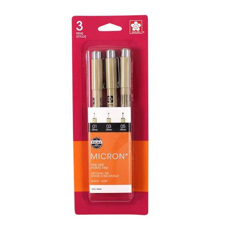 Sakura Pigma Micron 3 pack, black, 01, 03, 05